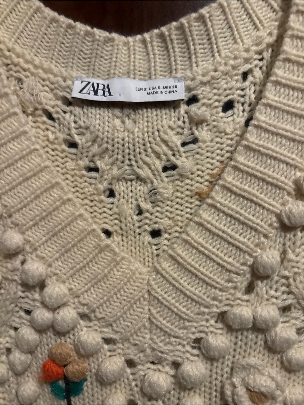 ZARA Cream V-Neck Knit Sweater with Pom-Poms and Floral Detail